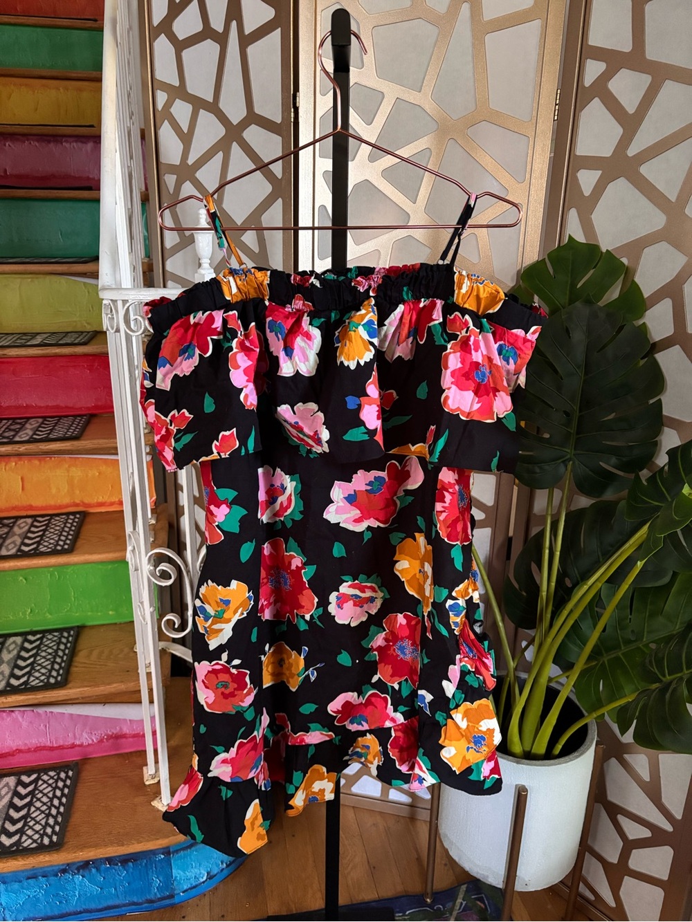 Who What Wear Floral Off Shoulder Dress XXL Black Pink Ruffle Mini Dress